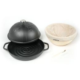HAWOK Cast Iron Bread Oven with Cloche Lid, Dia. 11.8inch/30cm, with Proofing Basket Dough Scoring Knife, Sourdough Baking Pan Pre-seasoned Black