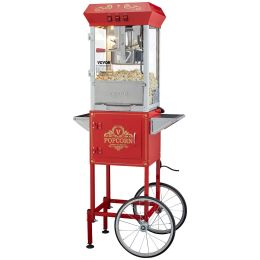 Popcorn Maker with Cart, 850W Popcorn Popper Machine, 8 Oz Kettle Makes 48 Cups per Batch, Popcorn Maker Equipped with Tempered Glass