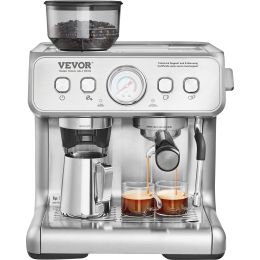 Espresso Machine with Grinder, 15 Bar Semi-Automatic Espresso Coffee Maker with Milk Frother Steam Wand