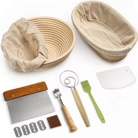 The bread proofing kit includes a 9-inch round and a 10-inch oval proofing basket, and a set of baking tools including a bread knife, dough scrap