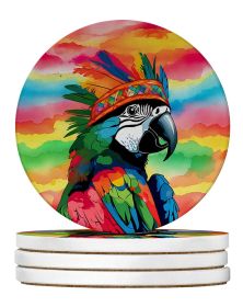 Hippie Animal Parrot Large Sandstone Coasters Pack of 4 Absorbent Round Coasters Decor Gifts for Men or Women, 4 in, Multicolor