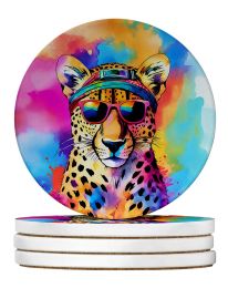 Hippie Animal Cheetah Large Sandstone Coasters Pack of 4 Absorbent Round Coasters Decor Gifts for Men or Women, 4 in, Multicolor