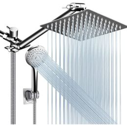 Shower Head Combo, 8 Inch High Pressure Rain With 11 Inch Adjustable Extension Arm And 5 Settings Handheld, Powerful Spray Against Low Water Pres (Option: 10ShowerheadSetChrome)