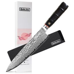 Qulajoy Japanese Chef Knife 8 Inch,67 Layers Damascus VG-10 Steel Core,Professional Hammered Kitchen Knife,Handcrafted With Ergonomic Bamboo Shap (Option: Black)
