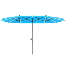 15ft Double-Sided Outdoor Umbrella With Solar Lights, Extra Large Aluminum Patio Umbrella With Crank, Blue (Option: Blue)