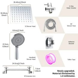 12-inch High-flow Square-shaped Design Shower Head Set, Water-saving High-pressure Rain Head For Smooth Flow, 11-inch Adjustable Arm For Comfort, (Option: Exquisitesilver)