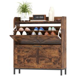 Shoe Cabinet Organizer With 2 Flip Drawers, Legs, Narrow Shoe Storage Cabinet For Entryway, Hallway, Rustic Brown (Option: Brown)