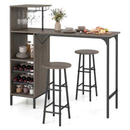 3PCS Bar Table & Stools Set, Wine Storage (6 Bottles + Wine Glass Holder), Oak (Option: Defaulttitle)