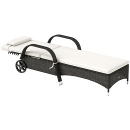 Outdoor Chaise Lounge, 5-Level Adjustable Backrest Rattan Pool Lounge Chair With Wheels, Cushion & Headrest, Cream (Option: Cream)