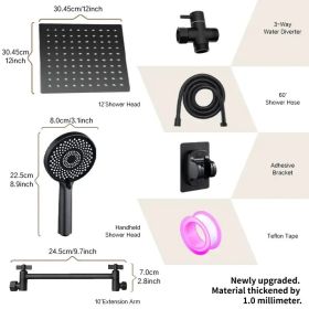 12-inch High-flow Square-shaped Design Shower Head Set, Water-saving High-pressure Rain Head For Smooth Flow, 11-inch Adjustable Arm For Comfort, (Option: matteblack)