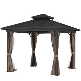 10 X 10 Hardtop Gazebo With Aluminum Frame, Metal Roof Gazebo Canopy W Hook, Curtains Included, Dark Brown (Option: Dark Brown)
