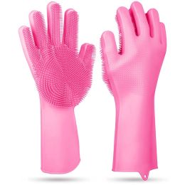 1 Pair Silicone Brush Dishwashing Gloves Cleaning Sponge Pet Scrubber Heat Resistant Wash Gloves (Option: Pink)