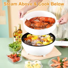 Electric Hot Pot Non-Stick Frying Pan Portable Rapid Noodles Cooker with Long Handle Steamer Spatula Dual Power Control Overheat Dry-Boil Protect (Color: as pic)