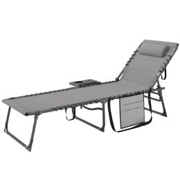 Folding Outdoor Chaise Lounge Chair Tanning Chair With 5-Level Adjustable Back, Side Table, Pillow, Pocket, Gray (Option: Gray)